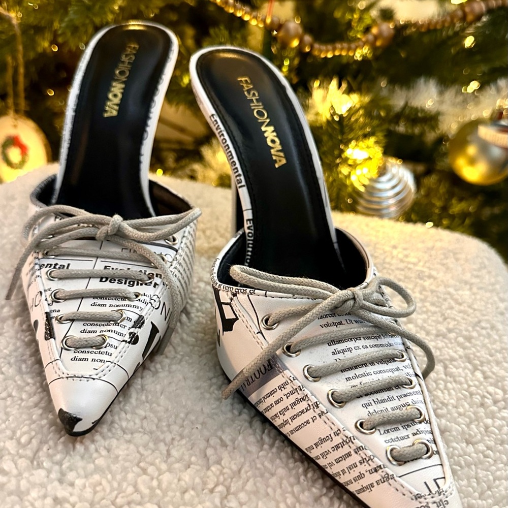 Fashion Nova Black and White Graphic Mules